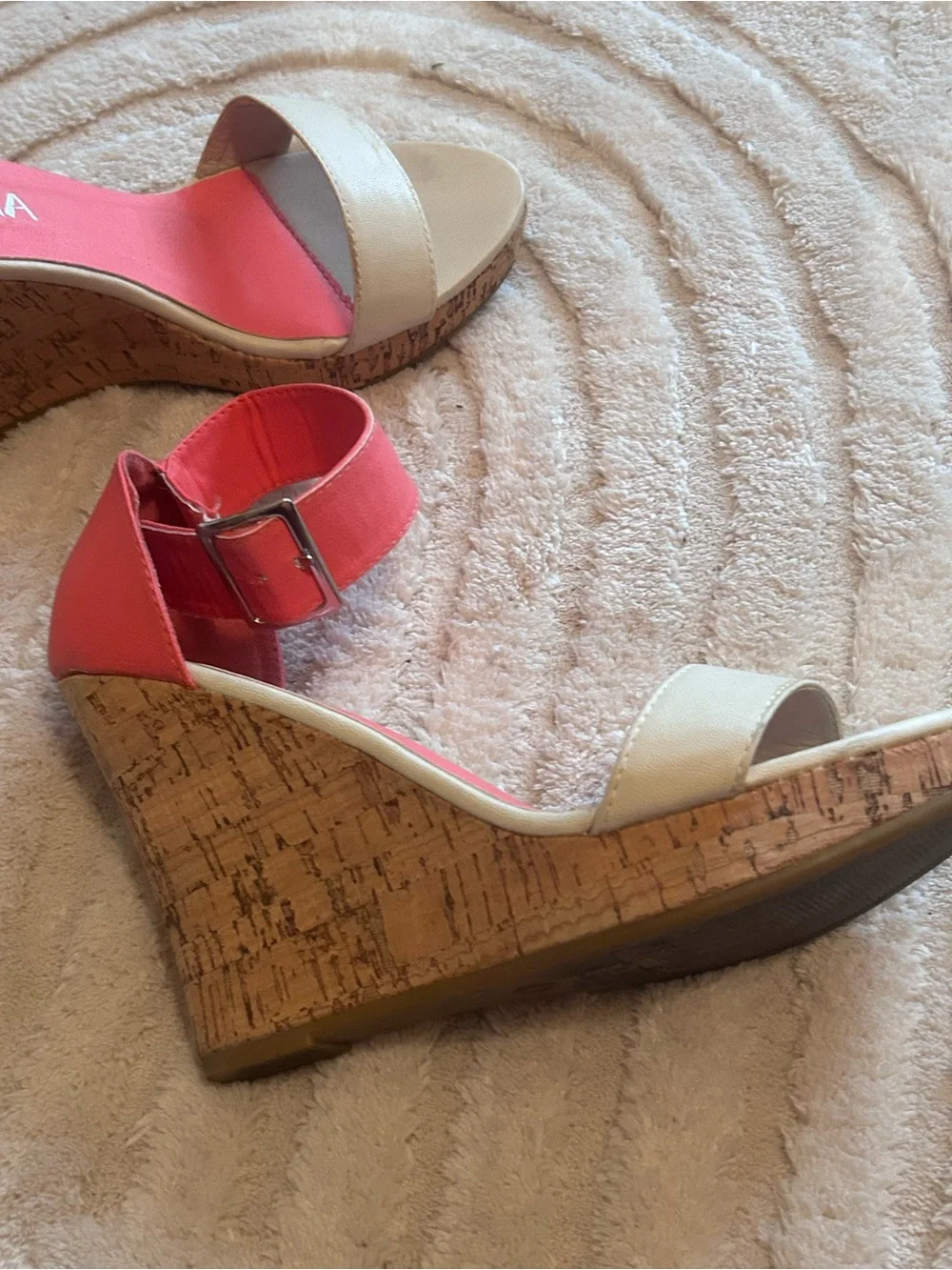 Coral and Cream Ankle-Strap Wedge Sandals Wedges Sz 6